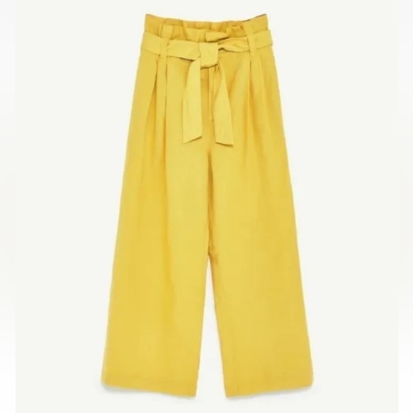 Zara Yellow Linen Wide Leg Paper Bag Cropped Palazzo Pants sz XS - Picture 10 of 16